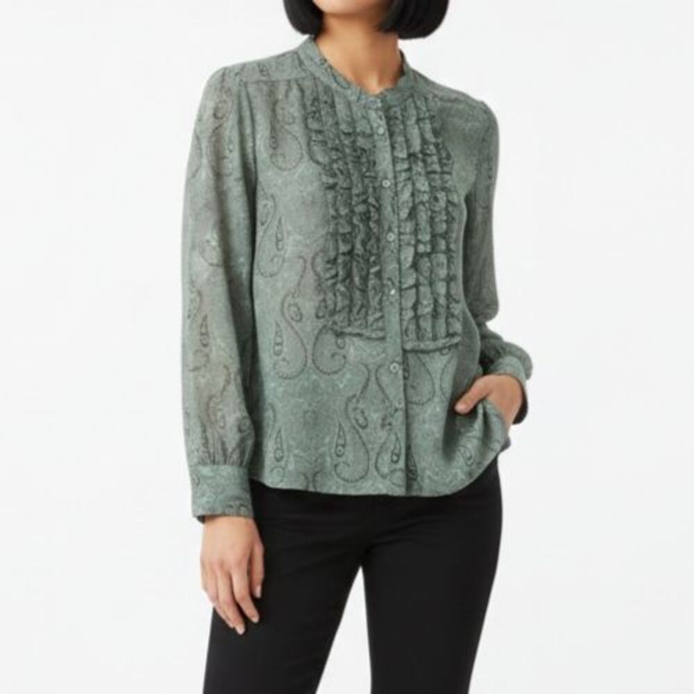 J Crew Silk Ruffle Front Paisley Blouse Women Size 8 Blue Tuxedo Long Sleeve Top